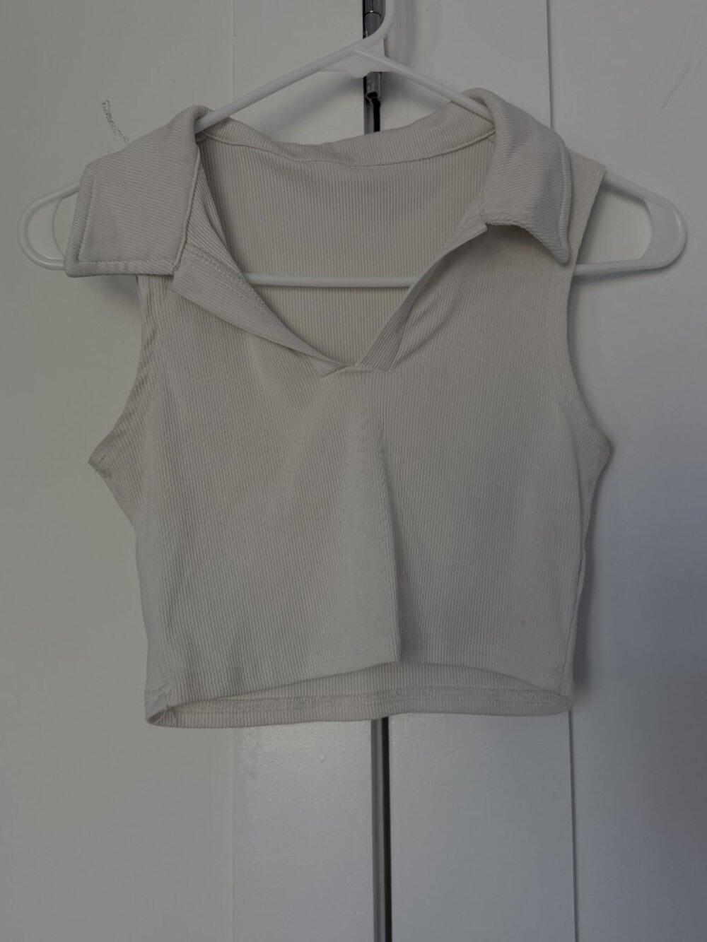 Ribbed Sleeveless Collared Polo Crop Top Off White